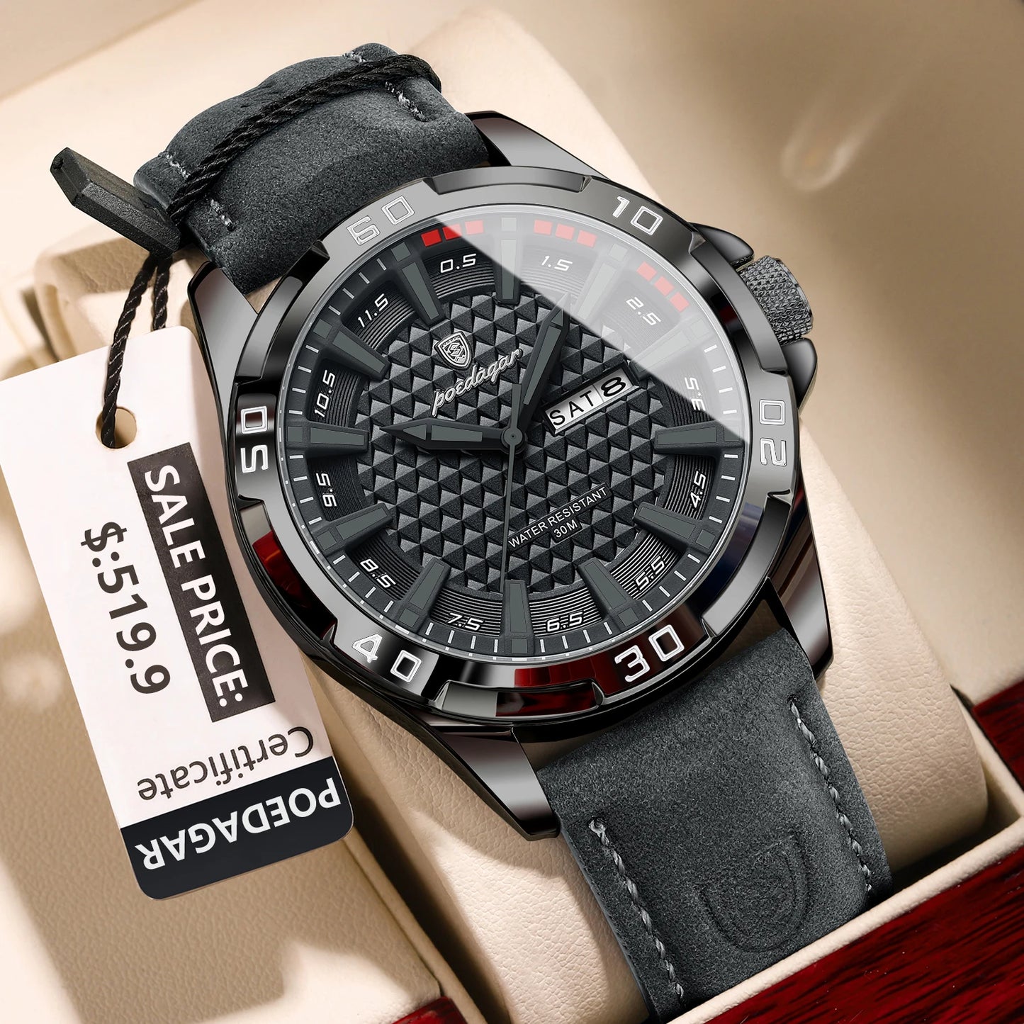POEDAGAR Montre Homme Luxe Cuir – Étanche & Lumineuse