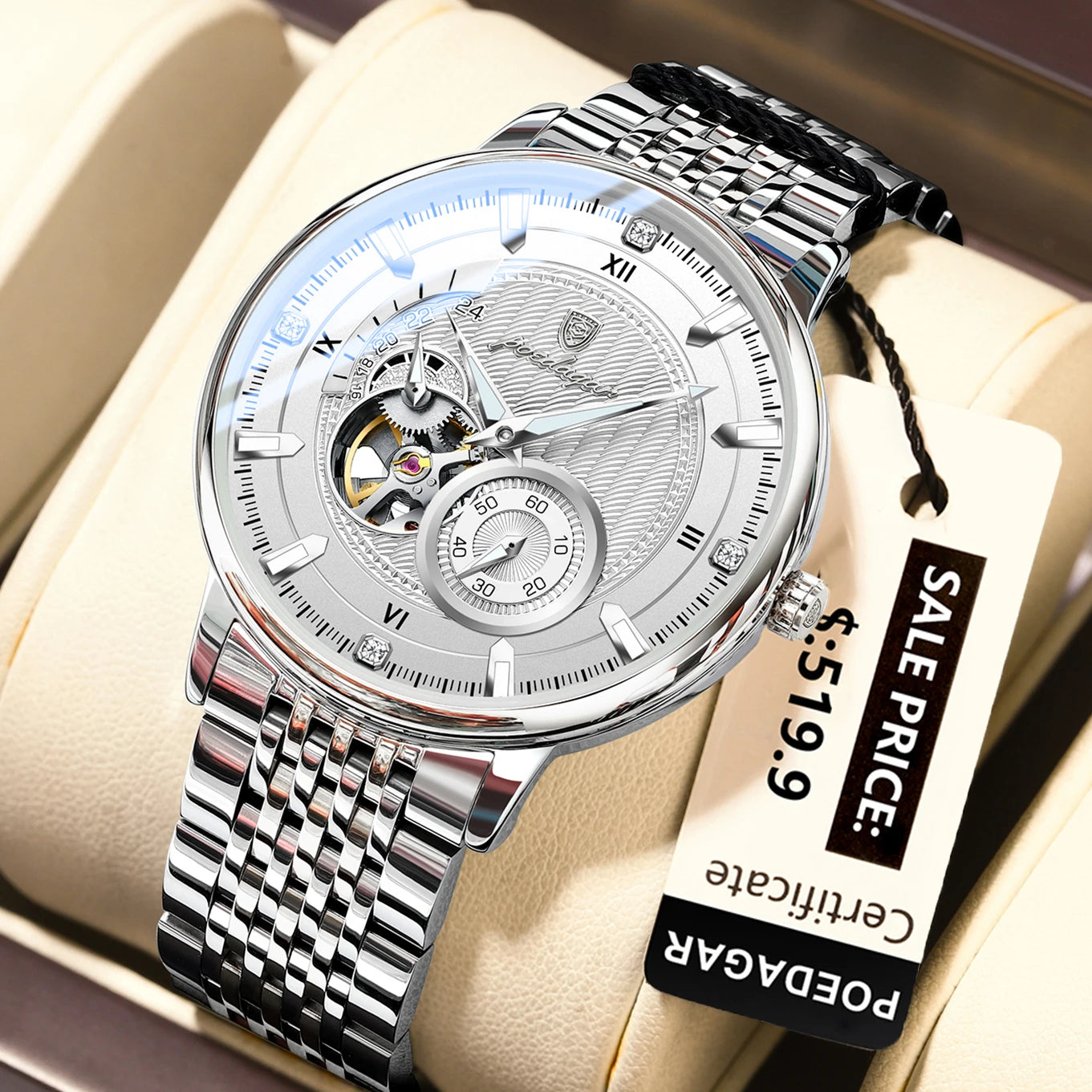 POEDAGAR Montre Automatique Tourbillon – Luxe Acier Inoxydable