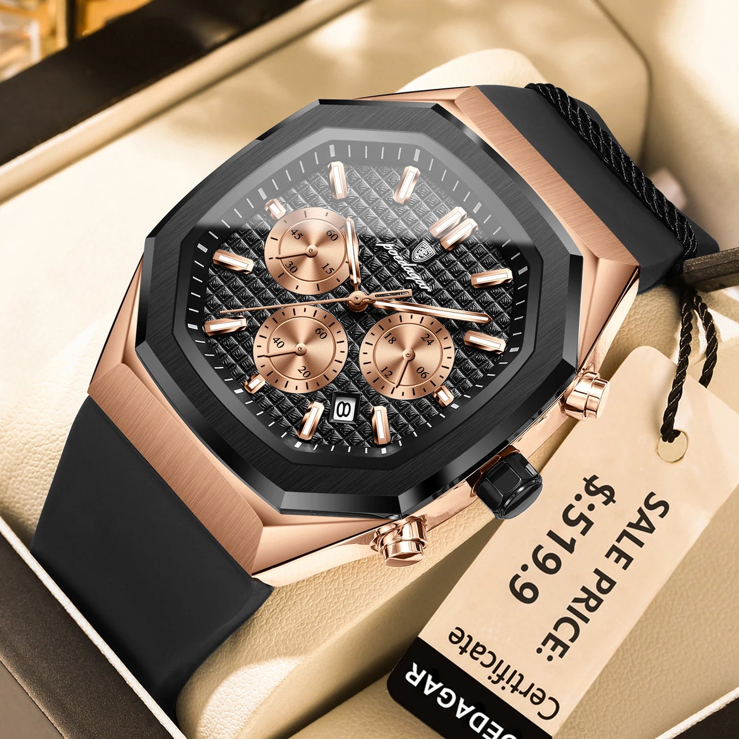 POEDAGAR Montre Business Homme + Boîte – Silicone Chronographe