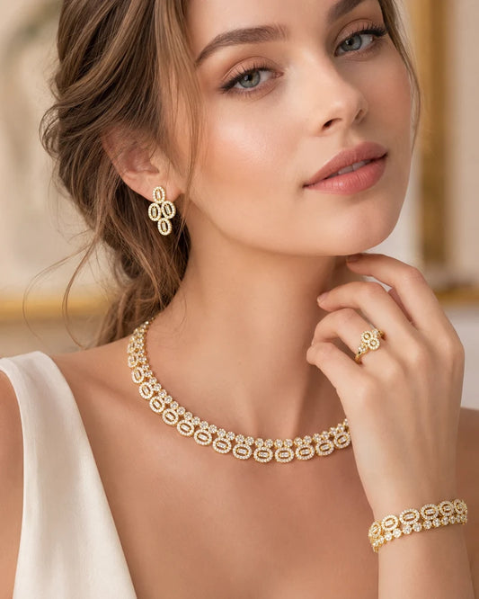 Woman Elegant Gold Jewelry Set - Necklace, Earrings, Ring & Bracelet