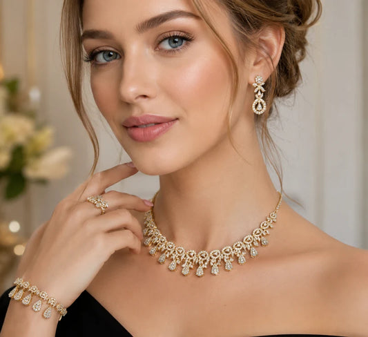 Gold-Tone Simulated Diamond Jewelry Set - Choker Necklace, Bracelet, Earrings & Ring