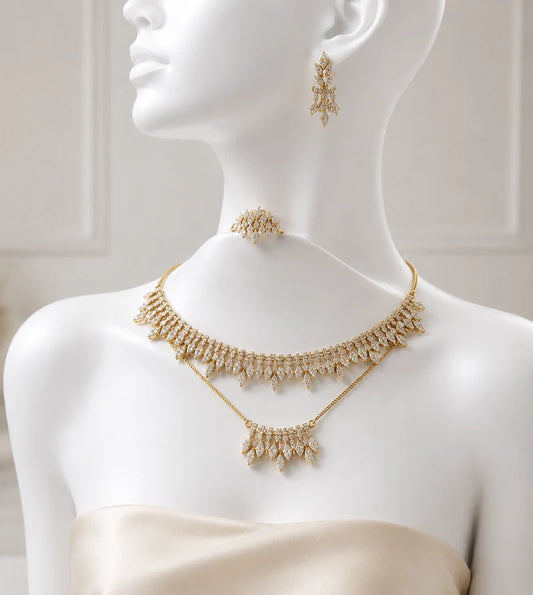 Gold-Toned Leaf Design Jewelry Set - Double Necklace, Earrings & Ring