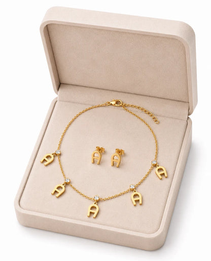 Woman Elegant 'A' Logo Jewelry Set - Gold-Tone Necklace & Stud Earrings