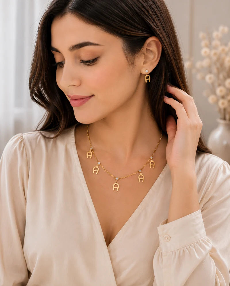 Woman Elegant 'A' Logo Jewelry Set - Gold-Tone Necklace & Stud Earrings