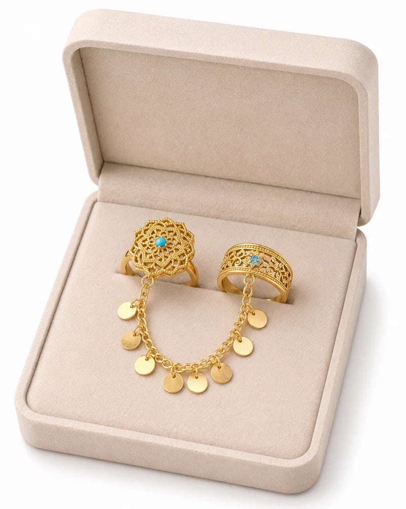 Boho Turquoise Double Ring - Gold Filigree Chain Ring with Disc Charms