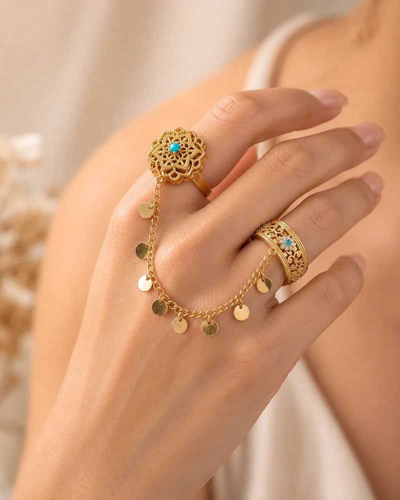Boho Turquoise Double Ring - Gold Filigree Chain Ring with Disc Charms
