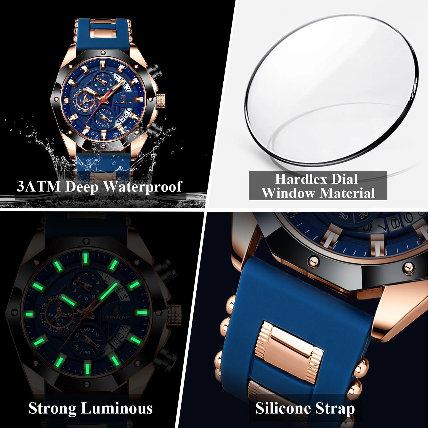 POEDAGAR Montre Militaire Homme Date – Silicone Étanche