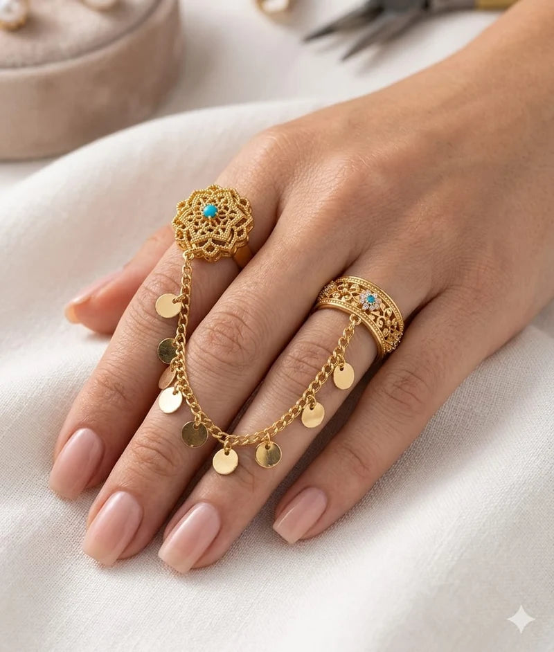 Boho Turquoise Double Ring - Gold Filigree Chain Ring with Disc Charms